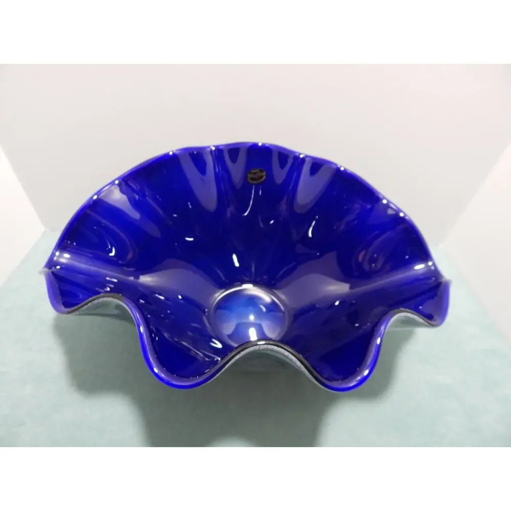 Jozefina Krosno Hand Blown Glass Bowl Blue Gray Black Centerpiece Art
